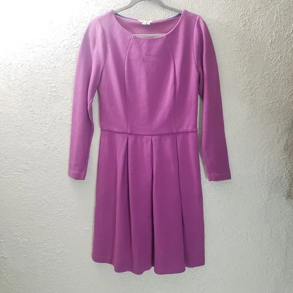Boden Sz 10 R Purple Midi Dress Long Sleeve Scoop Neck Thick Fabric Box Pleated - Picture 1 of 10